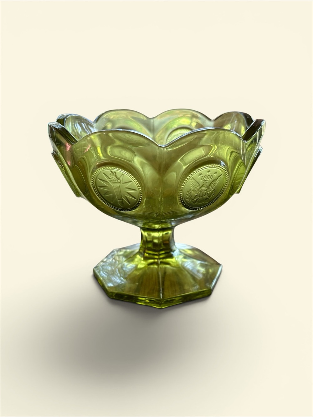 Vintage Fostoria Olive Green Glass Pedestal Compote with Medallion Motif